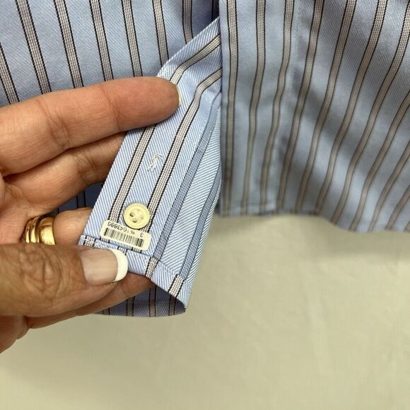 Peter Millar Nanoluxe Button Down Shirt Men 17.5 Long Blue Striped Easycare - Picture 6 of 12